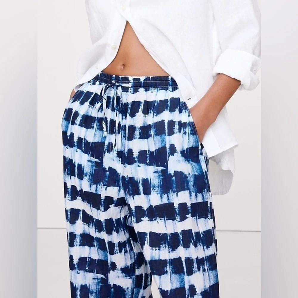 Banana Republic 100% LINEN WIDE LEG ANKLE PANT NWT Blue Shibori size L Coastal
